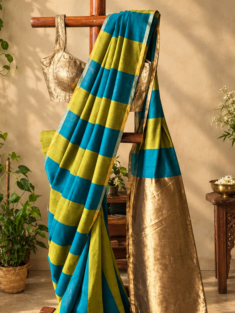 Kara Blue- Striped Maheshwari silk cotton saree