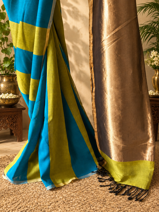 Kara Blue- Striped Maheshwari silk cotton saree