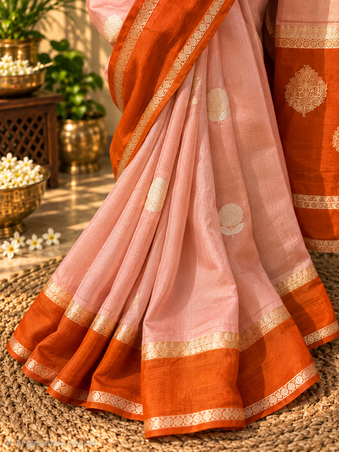 Peachy Rust - Pure Kora Organza Handloom Saree