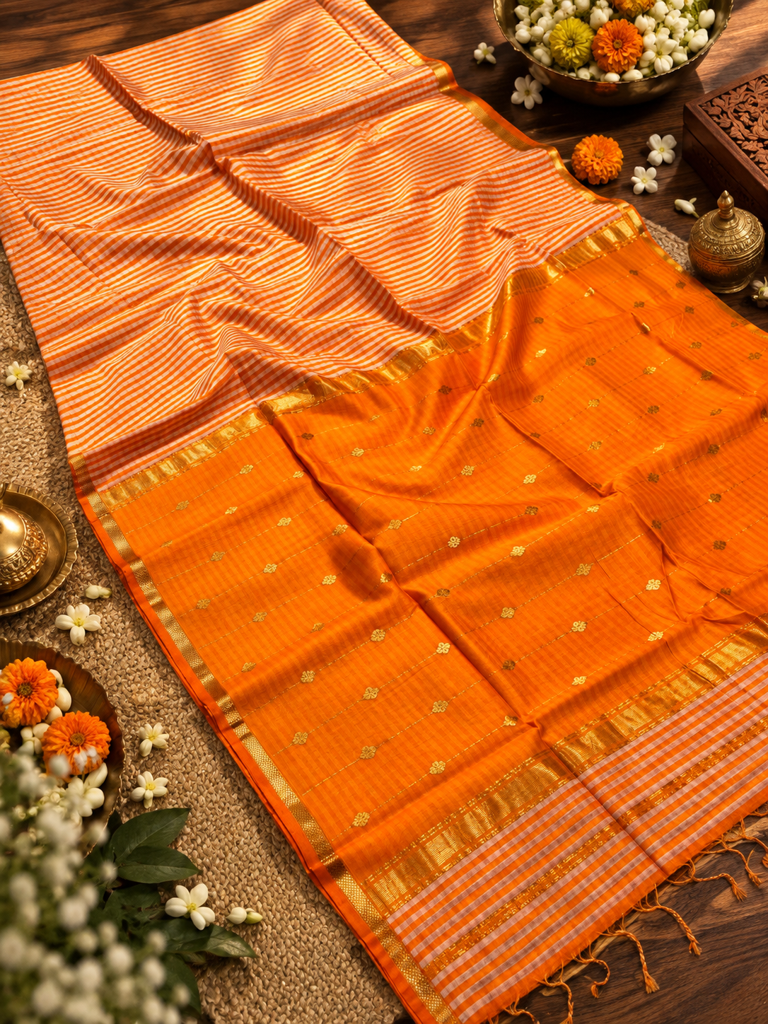 Genda Phool – Bright Orange Maheshwari Silk Cotton Saree