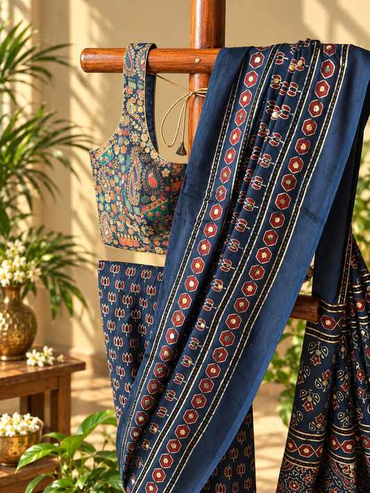 Neel Tara Ajrakh Saree – Indigo Blue Modal Satin Saree with Mirror Work