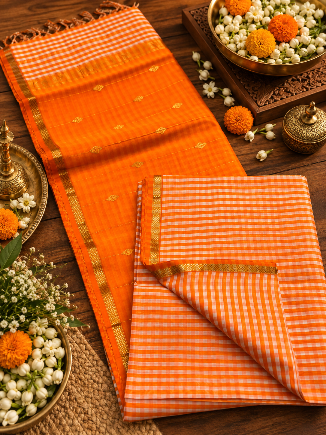 Genda Phool – Bright Orange Maheshwari Silk Cotton Saree