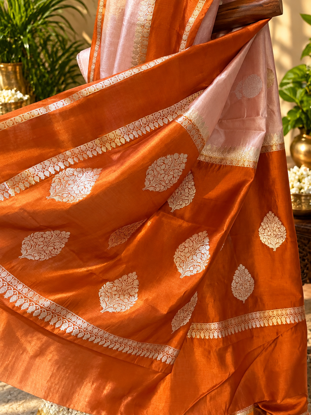 Peachy Rust - Pure Kora Organza Handloom Saree