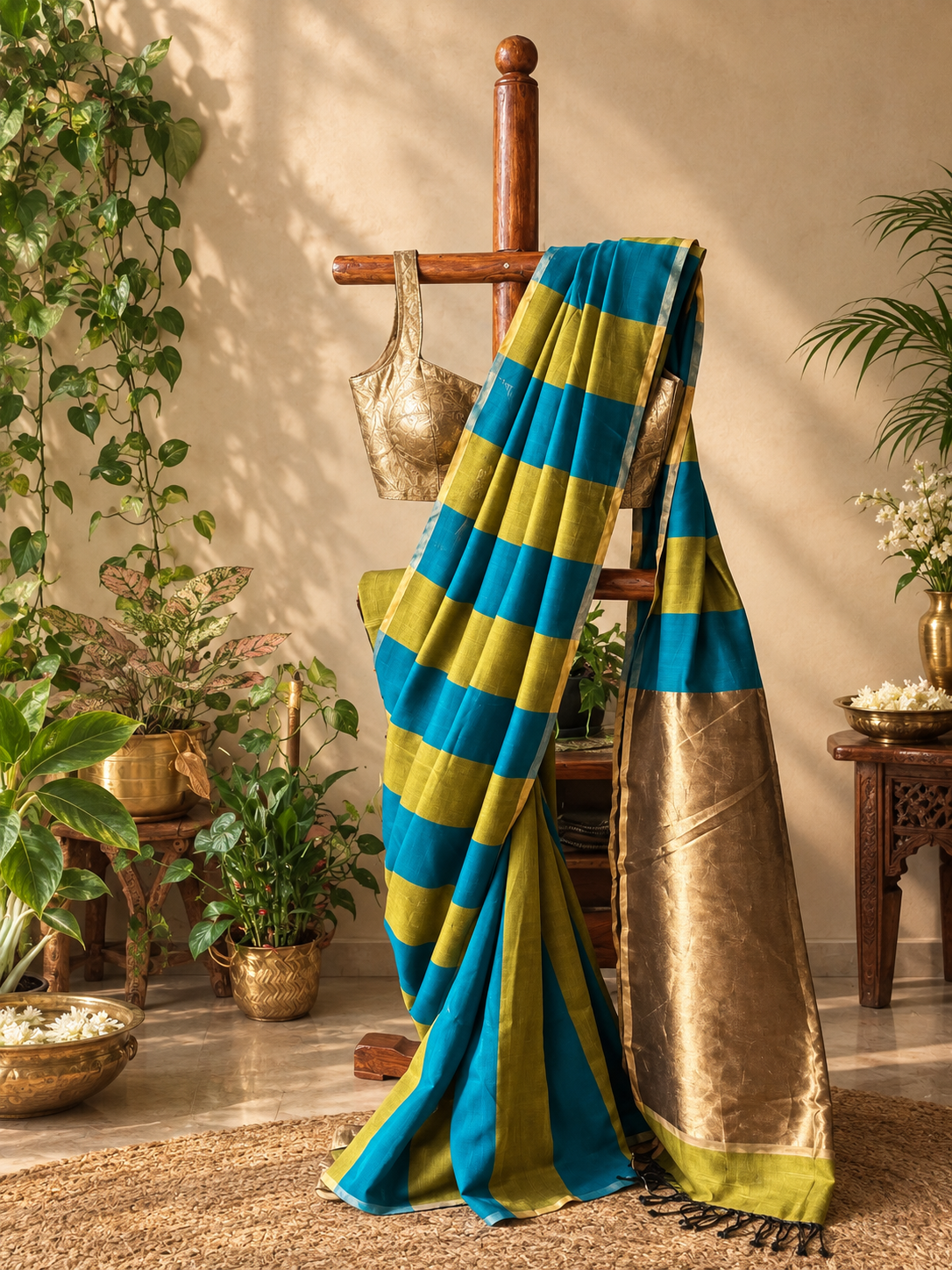 Kara Blue- Striped Maheshwari silk cotton saree