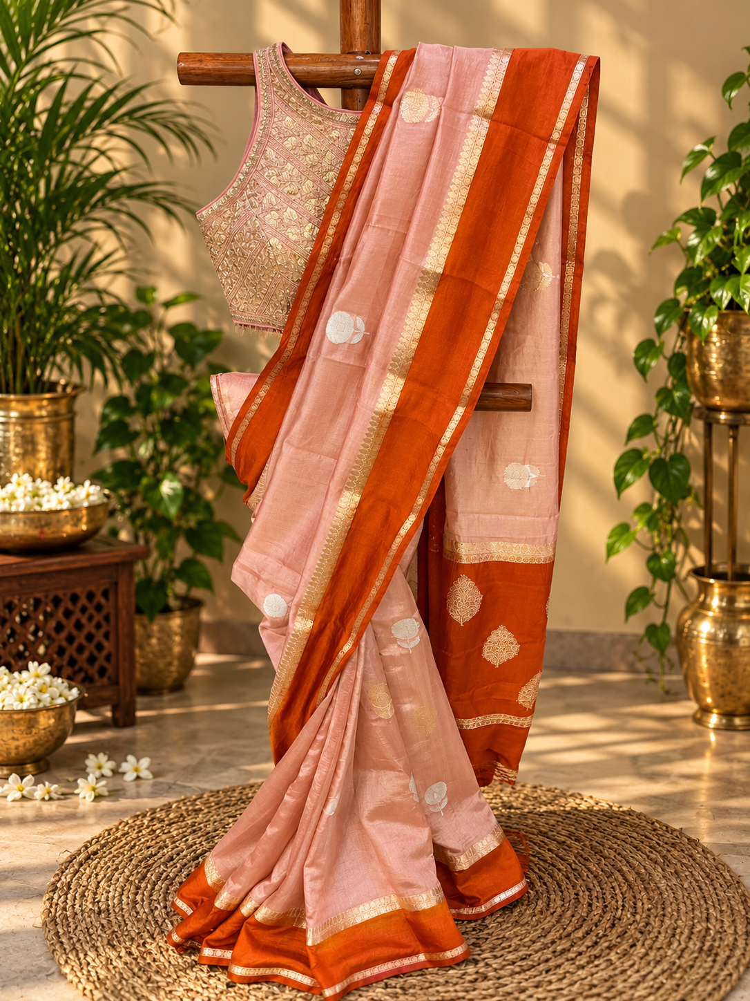 Peachy Rust - Pure Kora Organza Handloom Saree