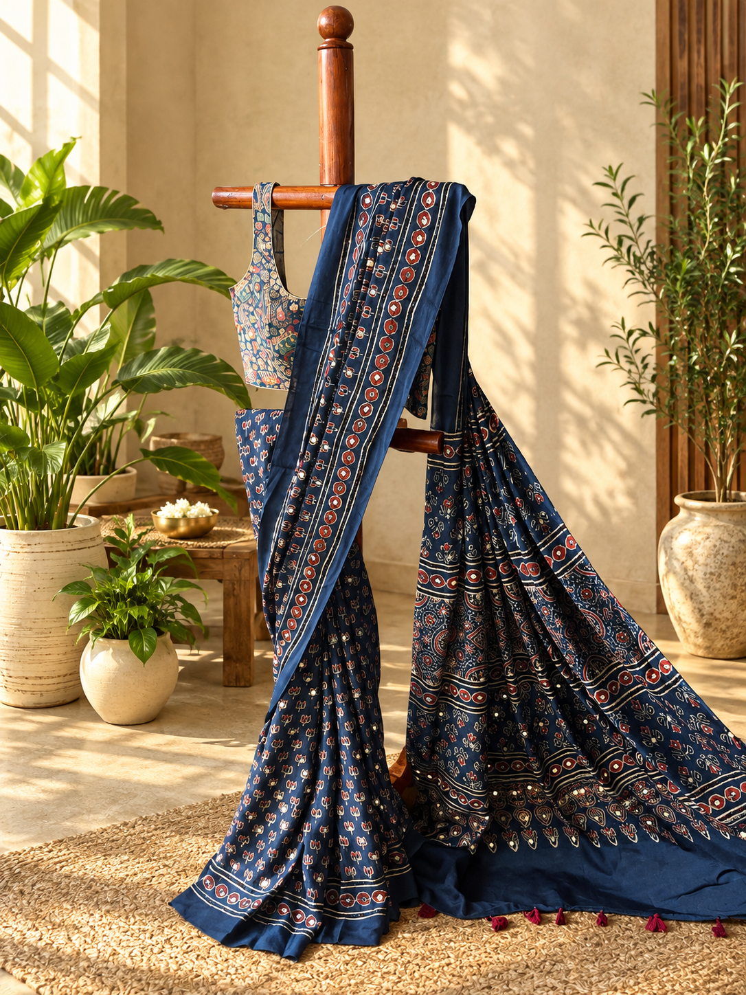 Neel Tara Ajrakh Saree – Indigo Blue Modal Satin Saree with Mirror Work