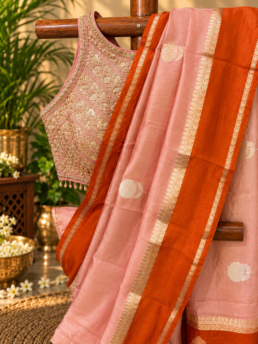 Peachy Rust - Pure Kora Organza Handloom Saree