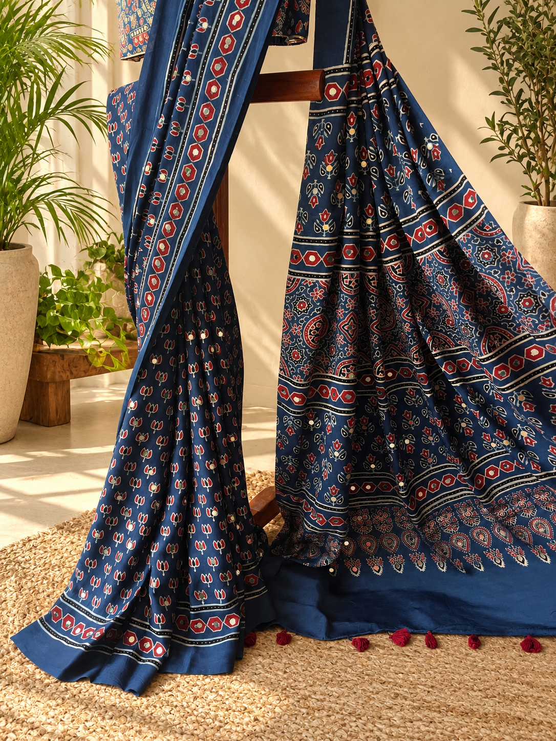 Neel Tara Ajrakh Saree – Indigo Blue Modal Satin Saree with Mirror Work