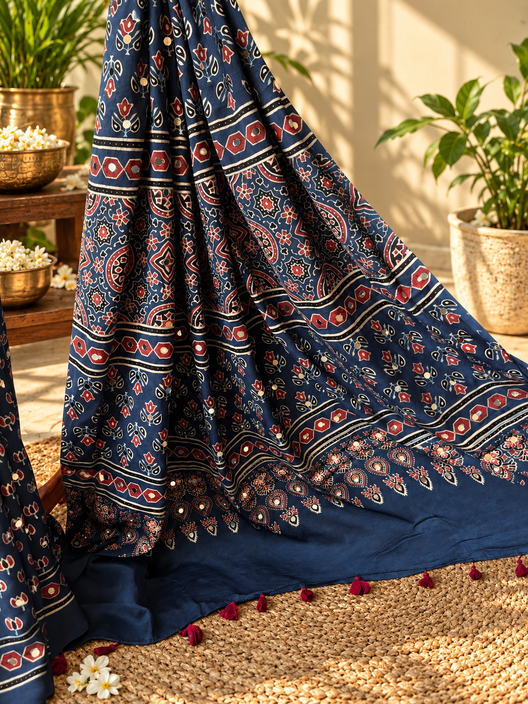 Neel Tara Ajrakh Saree – Indigo Blue Modal Satin Saree with Mirror Work
