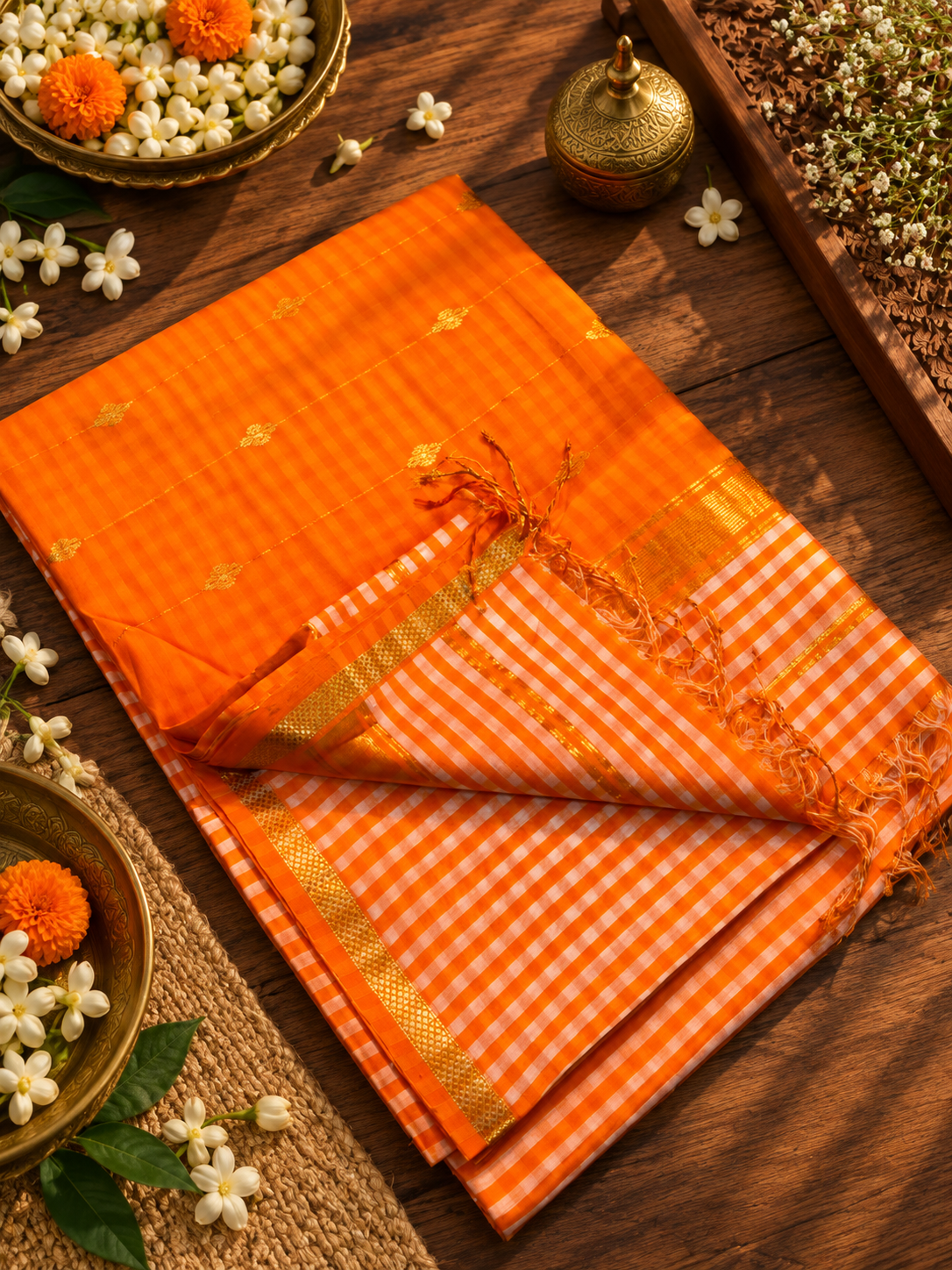 Genda Phool – Bright Orange Maheshwari Silk Cotton Saree